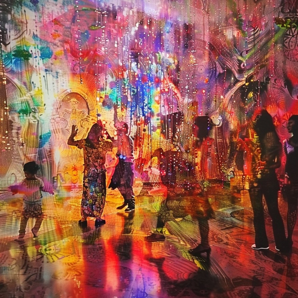 a modern art photograph , 💃🎉✨🚺🎶👯2
, a scene where a group of joyful women gather to dance and celebrate in a colorful, vibrant space filled with decorations and lights. Each individual exudes joy and confidence, with their movements symbolizing freedom and carefreeness. The scene is peppered with symbols of femininity and empowerment, including musical instruments to highlight the role of music as a means of expression. This depiction aims to capture the core messages of Girls Just Want to Have Fun: fun, independence, and the celebratory expression of one‘s identity1