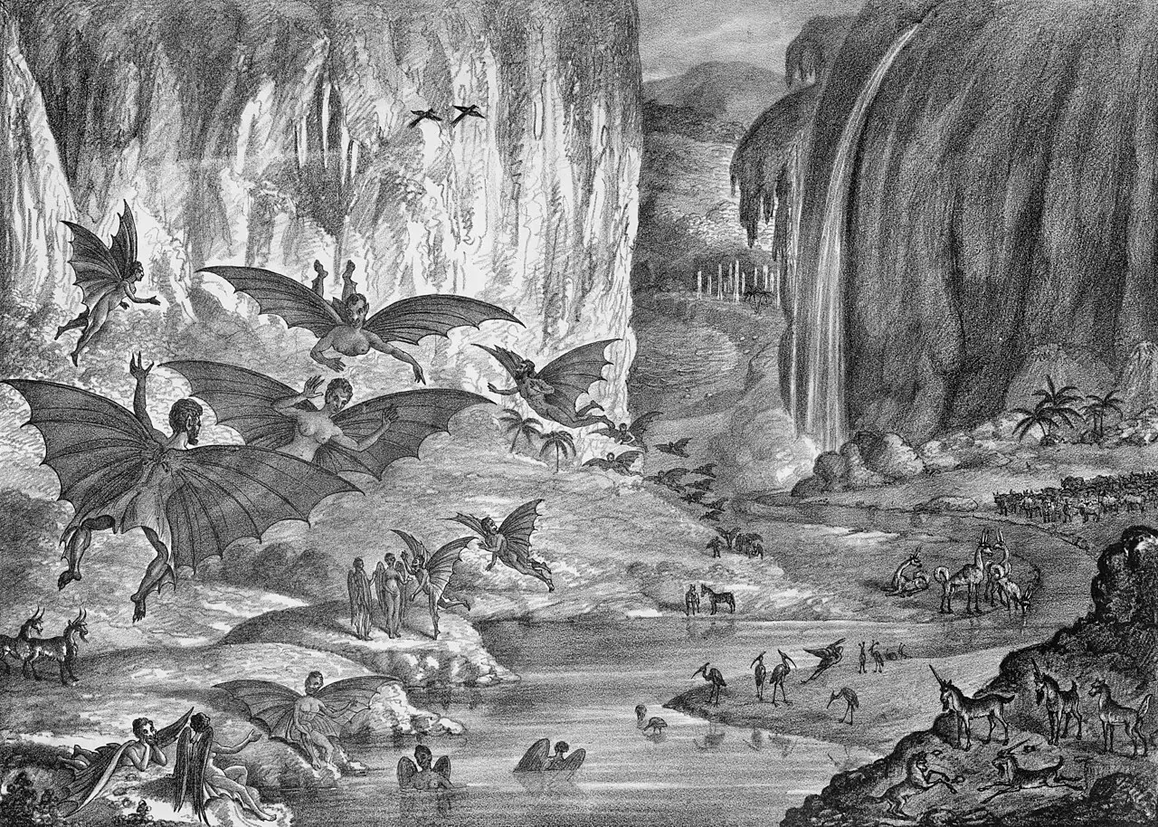 Illustration zum vierten Artikel einer sechsteiligen amerikanischen Zeitungsserie über angebliches Leben auf dem Mond (Great Moon Hoax)